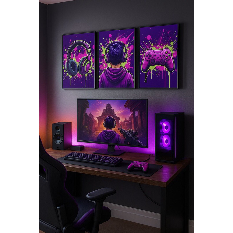 Quadros Decorativos de 3 peças com o tema Gamer – Estilo Street Art | Headset, Controle e Player