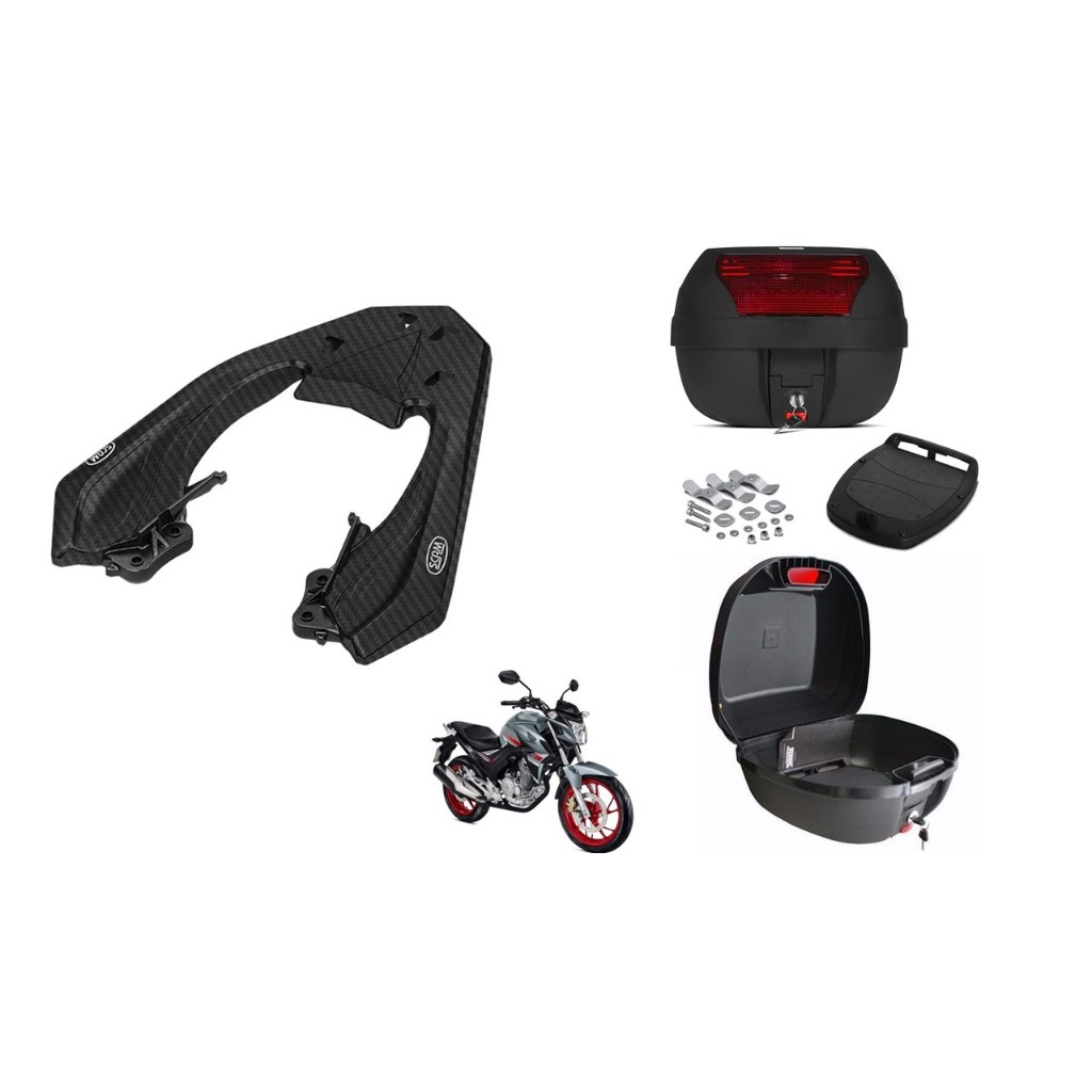 Kit Suporte Bagageiro Supeior Scam Fiber Force + Bauleto Smart Box 28L Honda Cb 250 Twister 2018 2019 2020 2021 2022