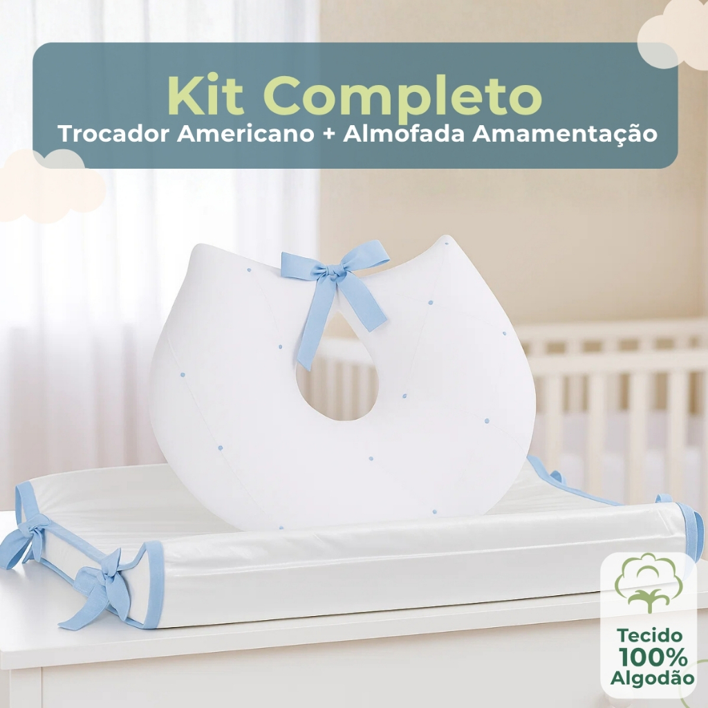 Kit Trocador Americano E Almofada Amamentação Azul Confortável Para Bebê Enxoval Menino