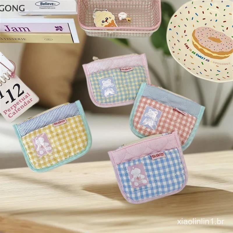 [BI] Bolsa De Moedas Xadrez Acolchoada Doce , Para Fone De Ouvido , Porta Cartão De Viagem Identificação , Chave De Moed