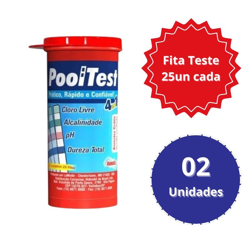 02x Fita Teste Piscina Pooltest 4 em 1 com 25 Unidades – Hidroall