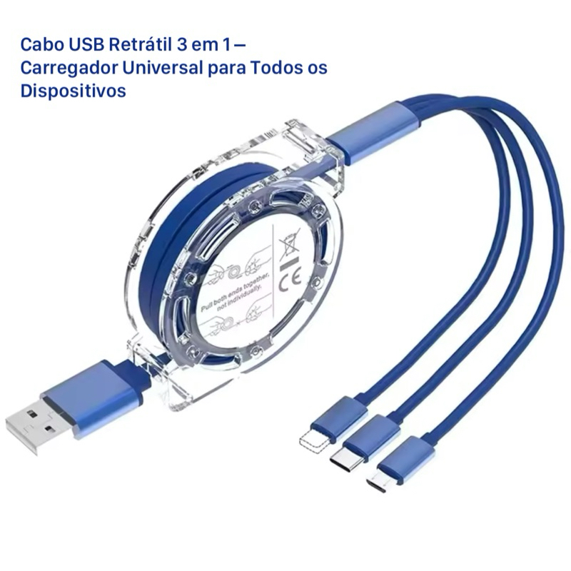 Cabo 3 em 1 Retrátil Multifuncional – iPhone, Android e Tipo-C – Carregador Universal para Todos Dispositivos- Azul
