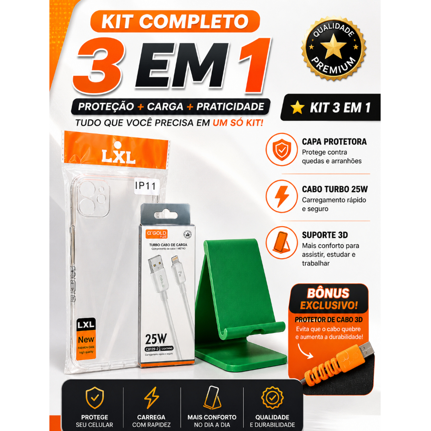 KIT PREMIUM 3 EM 1 + BRINDE PROTETOR DE CABO 3D CAPA ANTI SHOCK REFORÇADA+ CABO TURBO 25W IPHONE E XIAOMI