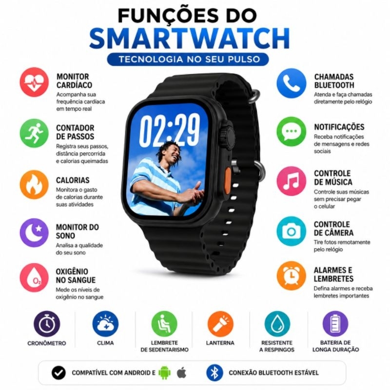 Smart Watch Relógio,inteligente,Bluetooth,Tela Touch-screen,monitor,cardíaco,Digital,Esportivo,tela grande,contador