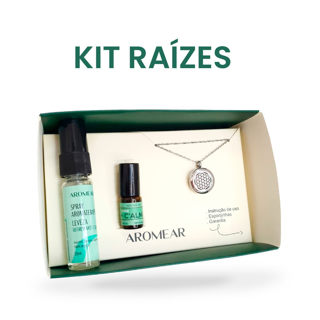 Kit RAÍZES - Colar Difusor Flor da Vida + Mini Spray Leveza +Óleo Essencial +C´alma