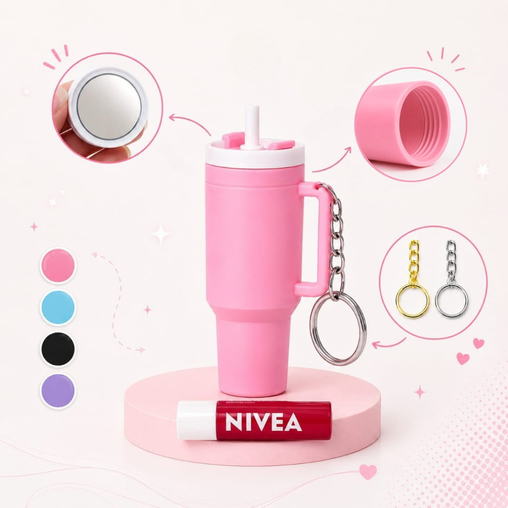 Porta Batom Mini Copo com Espelho Chaveiro Hidratante Labial Lip Balm Presente Feminino