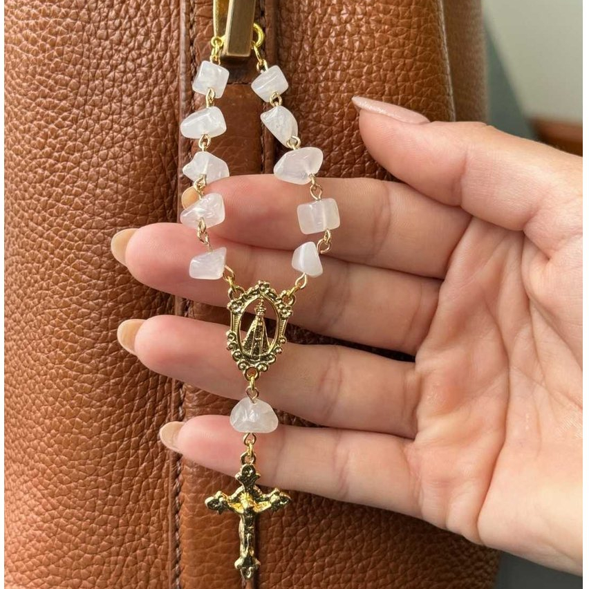 Mini Terço Cristais Pedras Naturais para Presente, Pingente Bolsa, Carro, Berço