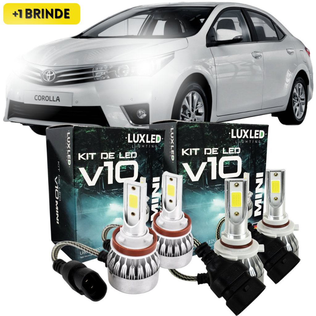 Kit Ultra Led Toyota Corolla GLI XEI Dynamic 2016 Farol Baixo Alto 6500k 20000 Lumens V10