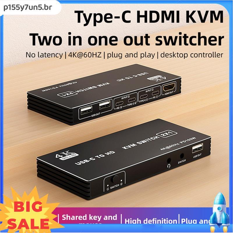 Switch KVM 4K HD 2 Em 1 Saída , 2.1 4K 60Hz Para 2 Computadores Compartilham 1 Monitor
