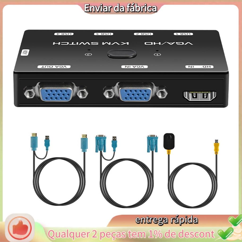 KVM Switch VGA +-Compatível 1080P Com Porta USB 2.0 Para 2 Hosts Compartilhando Mouse Teclado Monitor