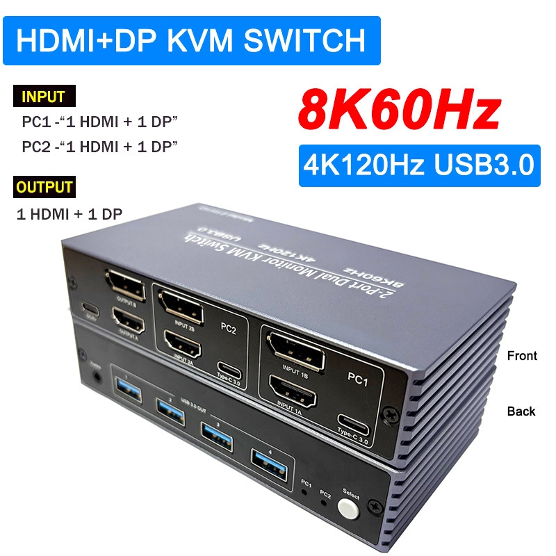 8K 2X2 HDMI DP KVM Switch 4K120Hz 2 Em 2 Saídas 4 Portas USB 3.0 Compartilhar Teclado Mouse Laptop Monitor De PC