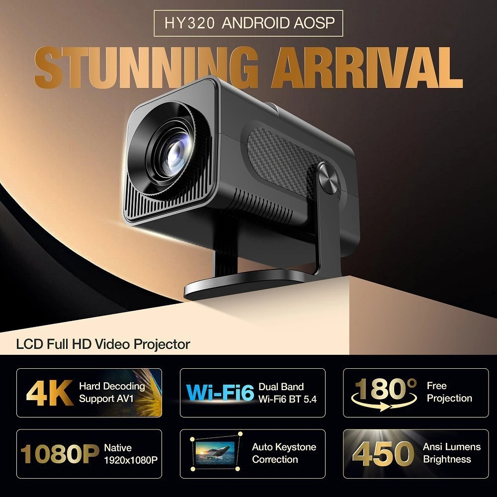 Mini Projetor HY320 Portátil Full HD 1080p | Compatível 4K, Bluetooth, HDMI, USB | Cinema em Casa com Alto-Falante
