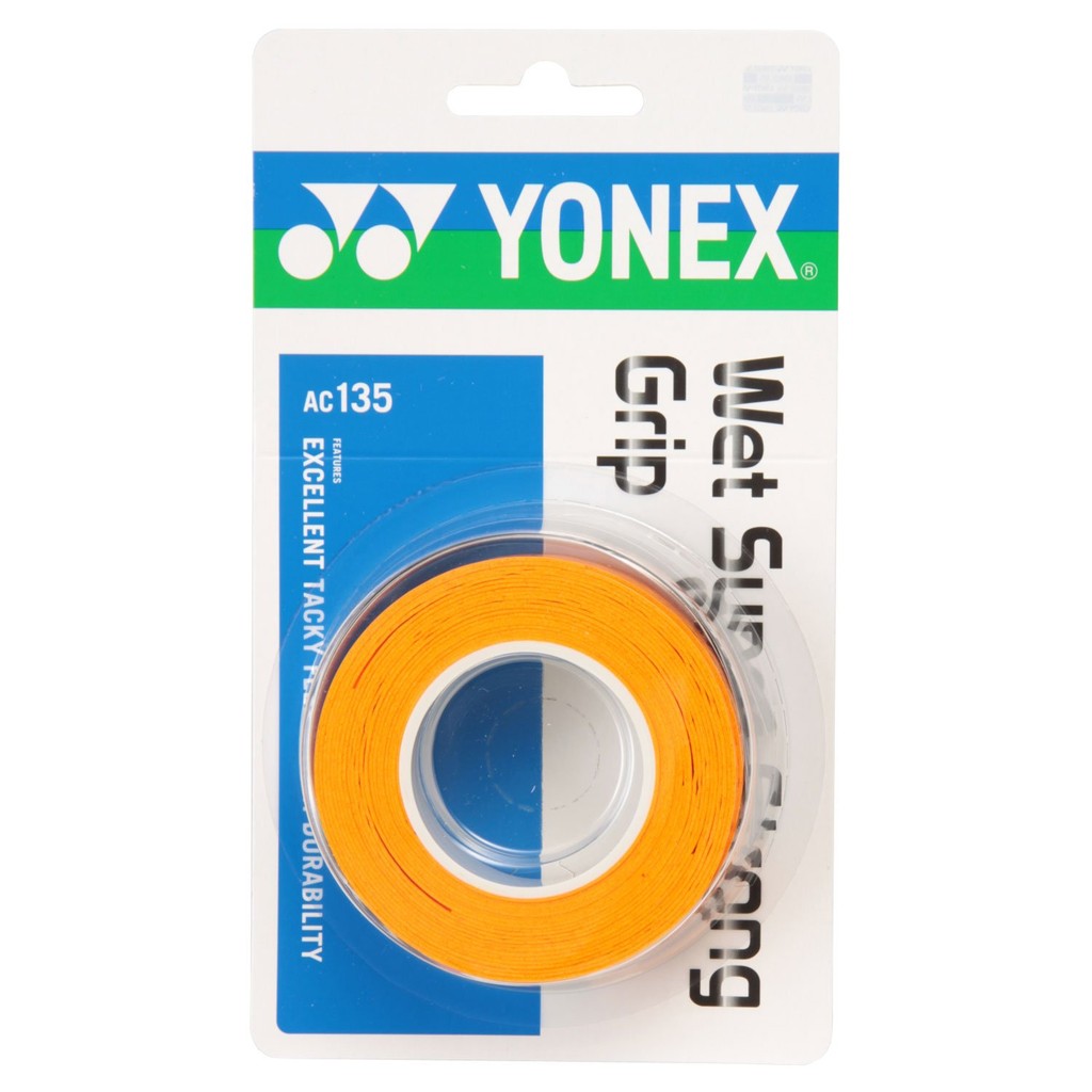 Yonex Tênis Badminton Fita molhada Super Strong Grip 3 peças AC135 Laranja Brilhante