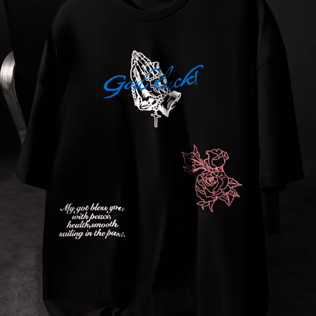 Camiseta Oversized Frase  Estampa Religiosa Good Luck Larga Streweear