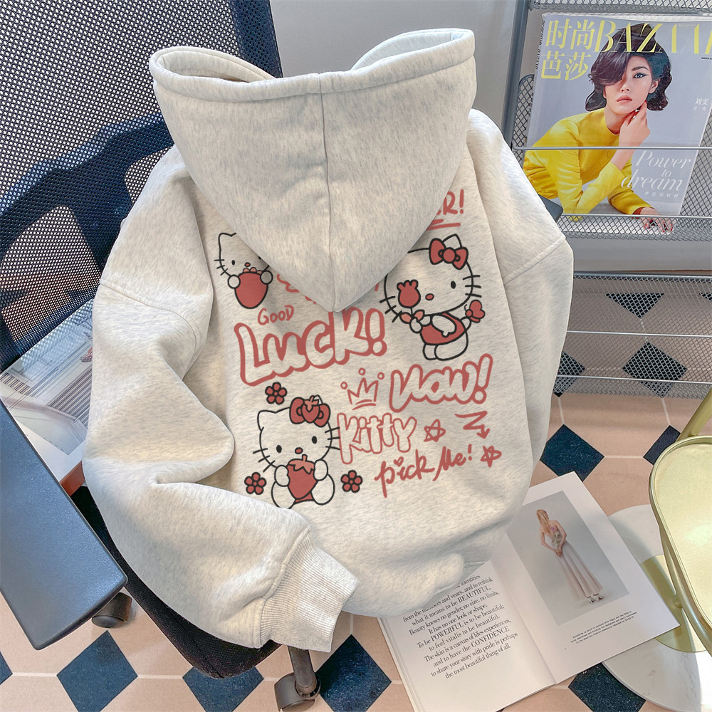 Moletom Canguru Luck Now Blusa de Frio Hello Kitty Pick Me Heart Fofo Desenho Flor Laço Morango