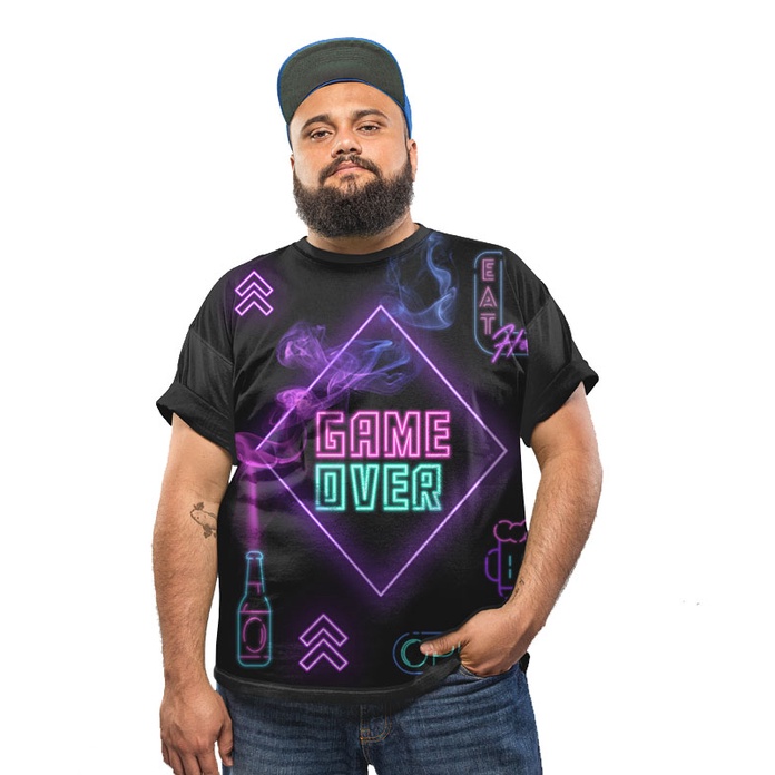 Camiseta Plus Size Game Over Videogame Retro Neon