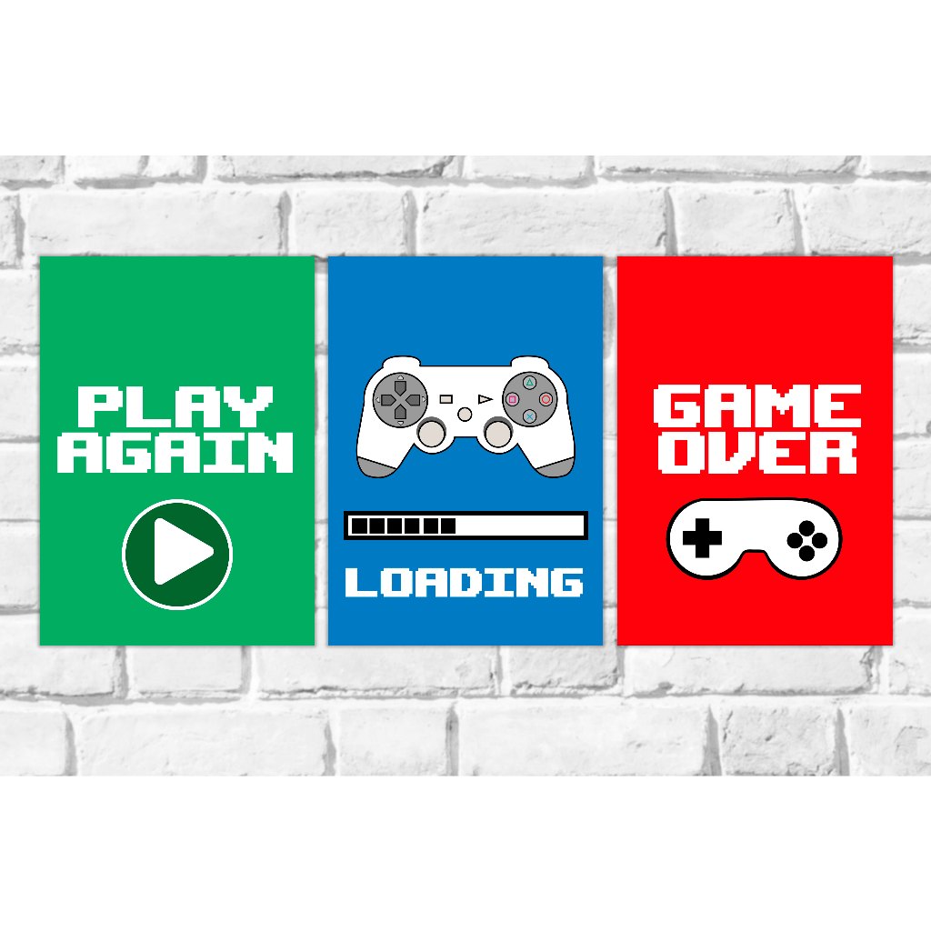 Kit 3  quadros Tema Games Videogames Game Over Loading Play again Retro Frases Jogos Nerd Geek decoração