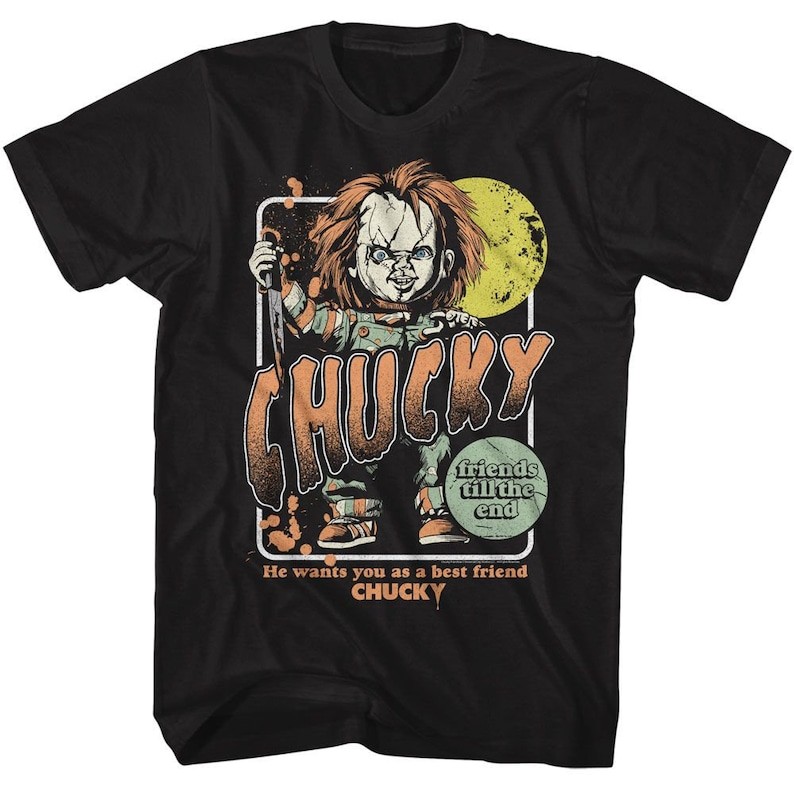 Music.Soul Camiseta Unissex Child's Play Chucky Estampa Full Moon Preta Confortável Moderna Estilosa Casual