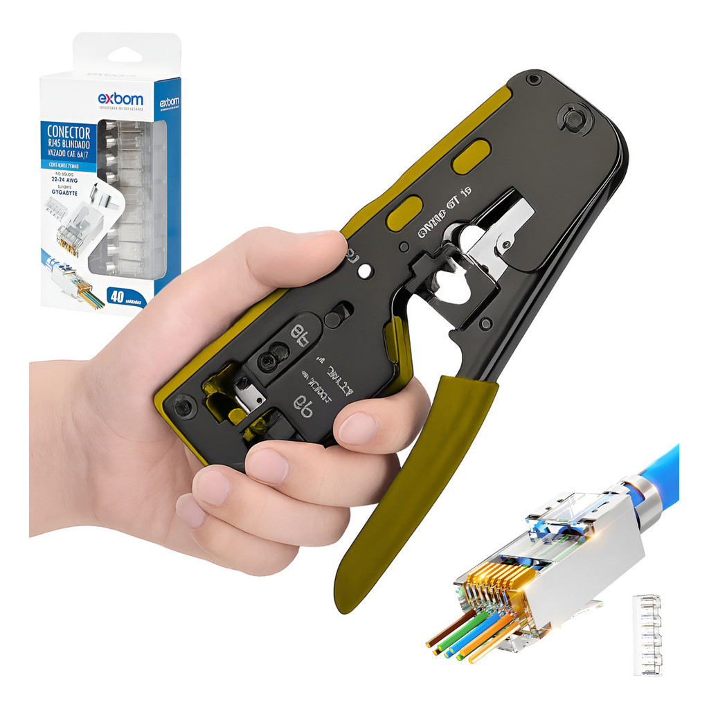 Kit Profissional de Redes Alicate Crimpador RJ45 Pass Through EZ + 40 Conectores Blindados Cat6 Cat7