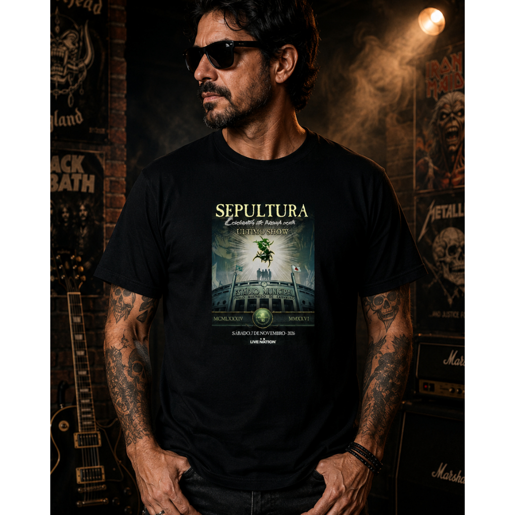 CAMISETA TRADICIONAL BÁSICA SEPULTURA ÚLTIMO TOUR CELEBRATING LIFE THROUGH DEATH METAL PESADO BRASIL 2026 UNISSEX P AO G