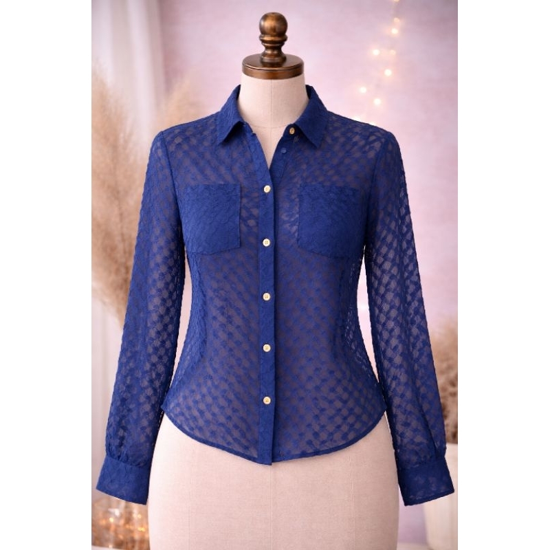 Camisa Azul Transparente Feminina Botão Tamanho M Brechó