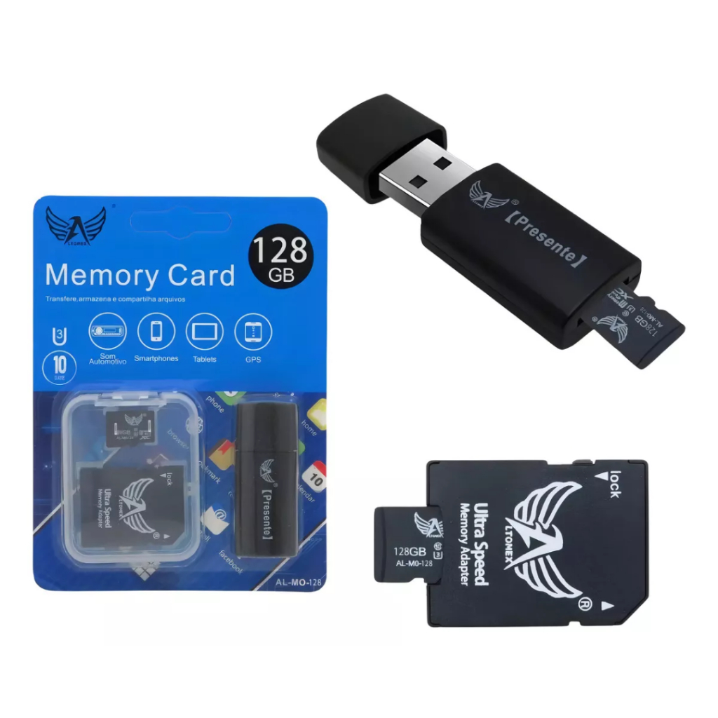 Cartão De Memória 128gb + Adaptador Sd + Pen Drive Altomex