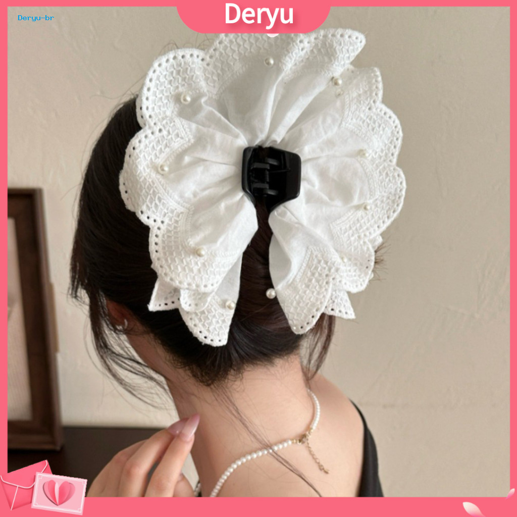 Fluffy Top Hair Clip Hairpin Strong Clamping Force Flower with Multi-layered Lace and Imitation Pearls Shark Ponytail Ho