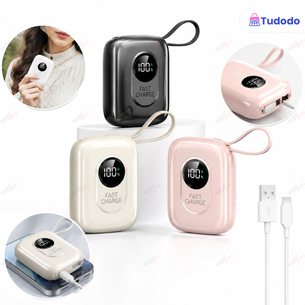 Bateria Externa 12000mAh LED Display, Cabo USB e Tipo-C Integrados, Carga Rápida, Compacto para Apple e Samsung