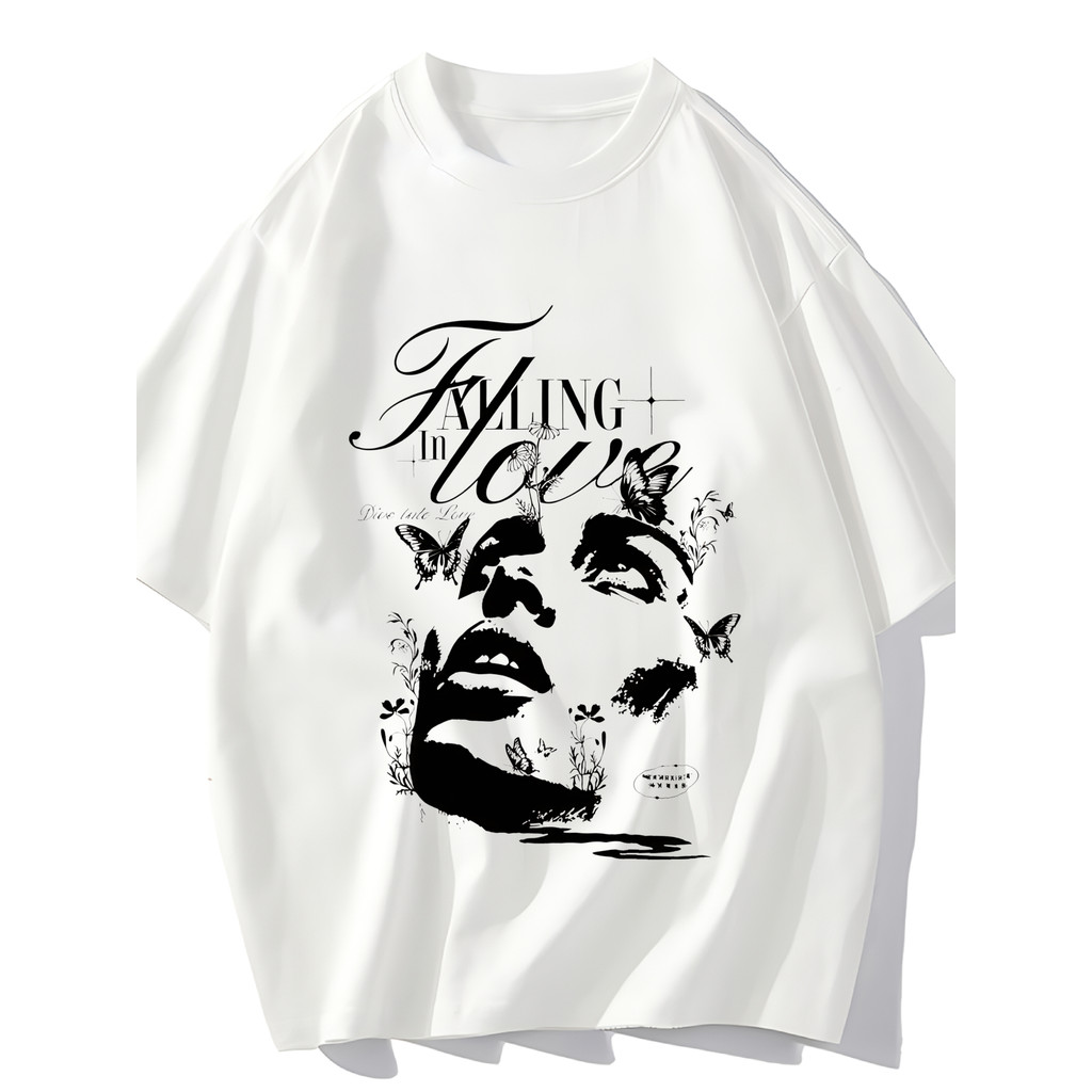Camiseta Masculina Estampa Rosto Floral e Falling in Love Streetwear 2025 Novo