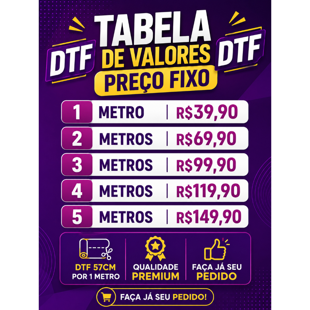 DTF QUALIDADE PREMIUM 57cm X 100cm Para Estampar Camiseta, Blusa, Bolsa e Material Têxtil
