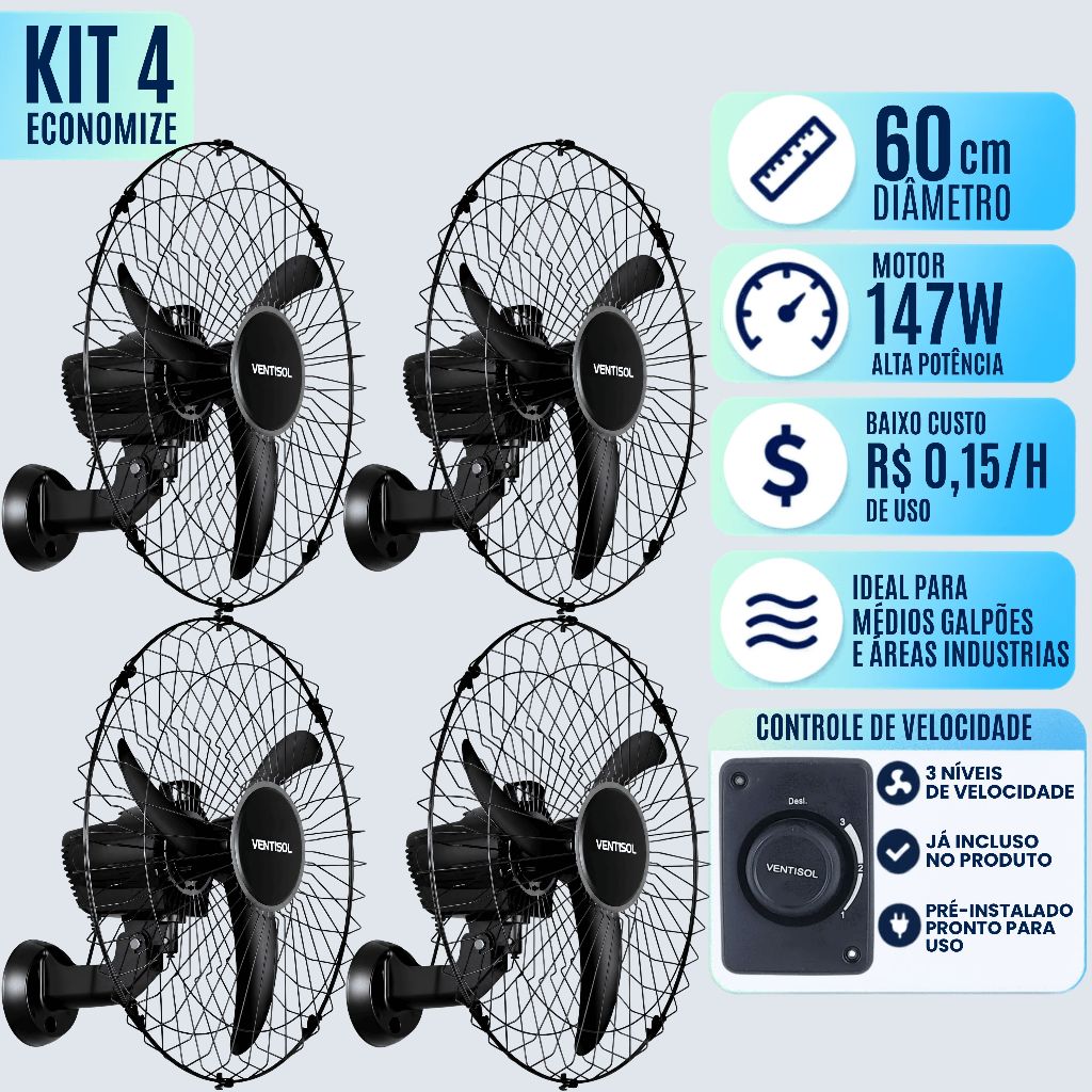 Ventilador De Parede 60cm Ventisol 110v 220v 3 Pas Oscilante ( Combo 4 un ) Industrial Potente