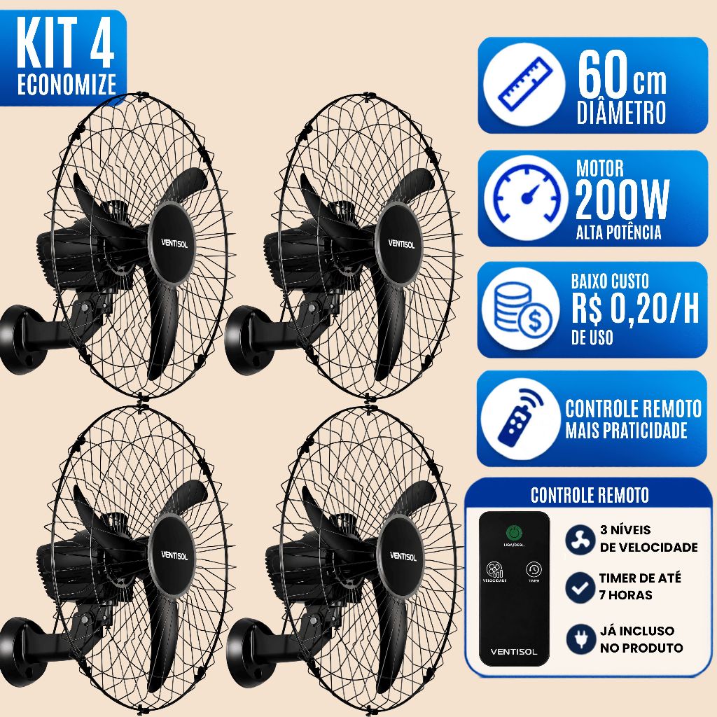 Ventilador De Parede 60cm Ventisol 110v 220v 3 Pas Oscilante ( Combo 4 un ) Industrial Potente