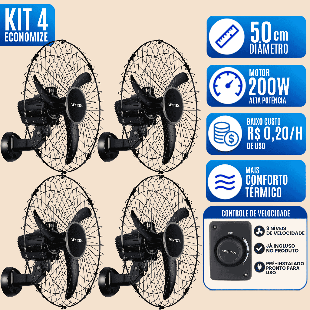 Ventilador De Parede 50cm 3 Pás Ventisol (Combo 4 un) Bivolt 200w Grade Aço Industrial Silencioso