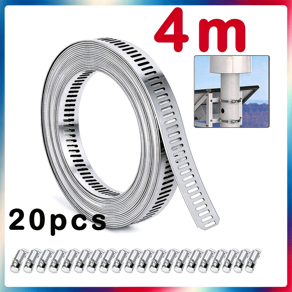 4m Large Stainless Steel Hose Clamp Combo Endless Thread Clamp Perforated Tape with 20  Clip Grip
