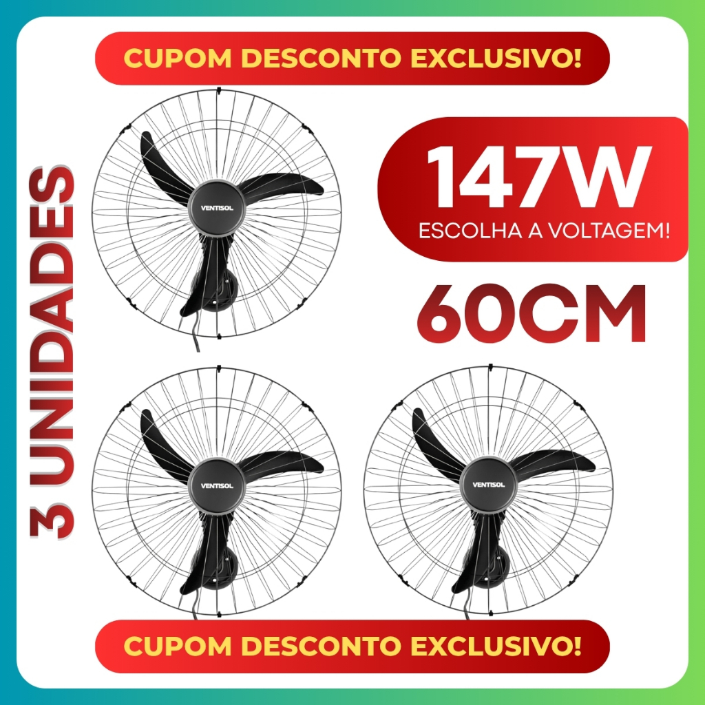 Kit 3 Ventilador de Parede New 60cm Ventisol 147w Preto Grade de Aço Potente Monovolt p/ Igreja Escola Lojas Restaurante