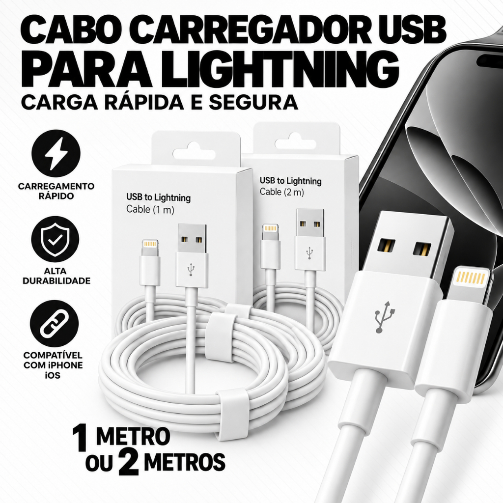 Cabo Carregador Usb Turbo para iPhone IOS de 1M ou 2M Cabo com Carregamento Rápido Compatível Iphone