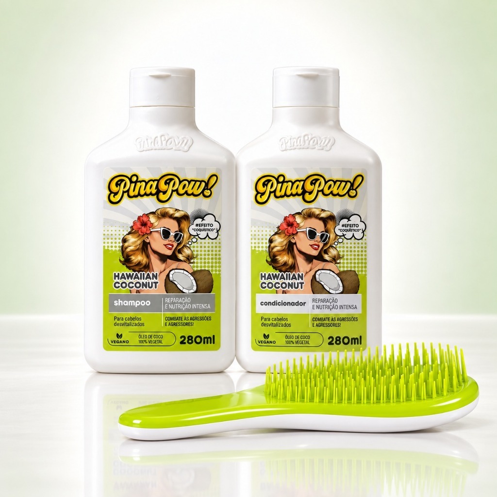 Kit Hawaiian Coconut Pinapow Shampoo Condicionador E Escova | Hidratação Intensa Antifrizz Brilho Maciez Todos Os Cabelo