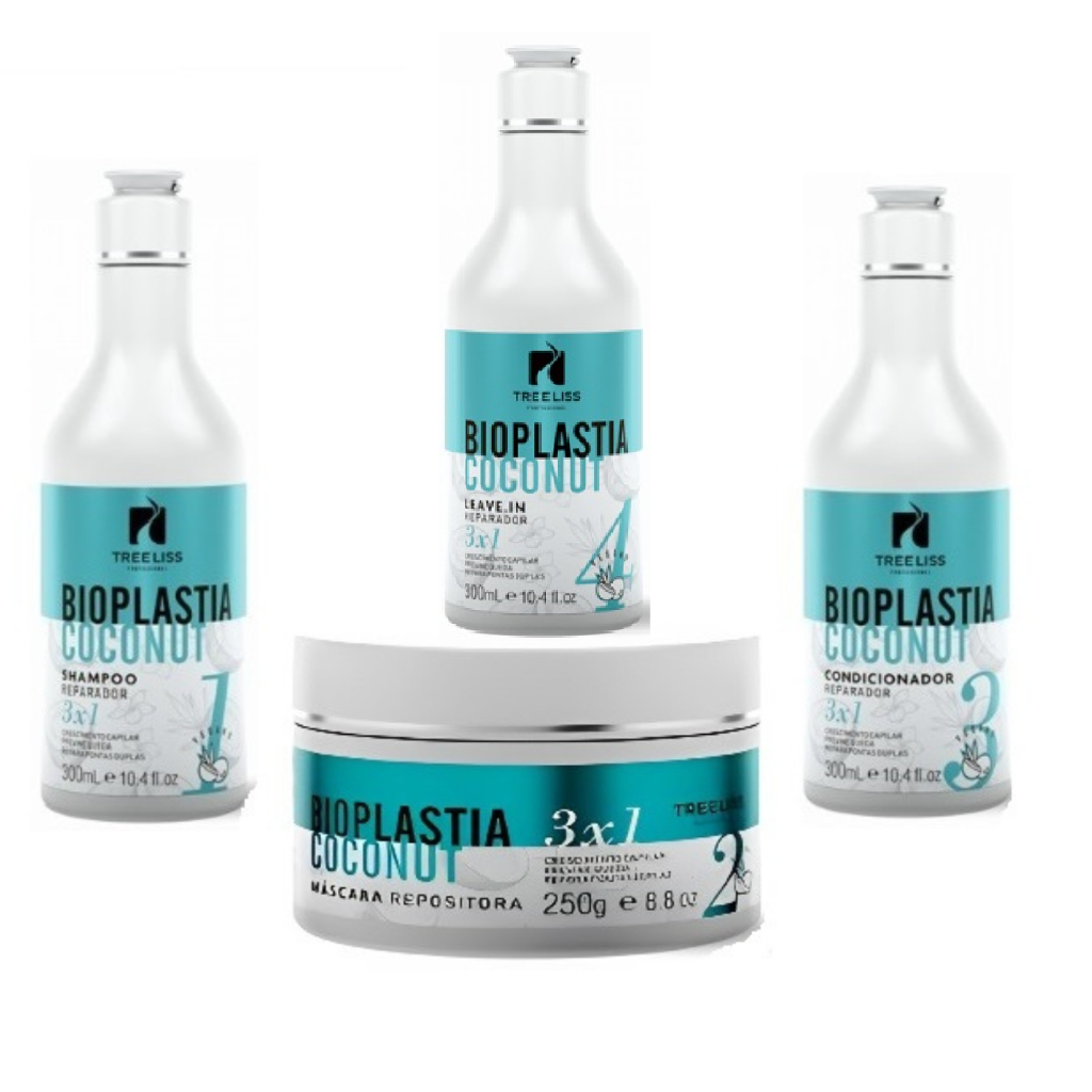 TRATAMENTO KIT 4 ITENS BIOPLASTIA COCONUT SHAMPOO + CONDICIONADOR + LEAVE-IN 300 ML + MÁSCARA 250 GR