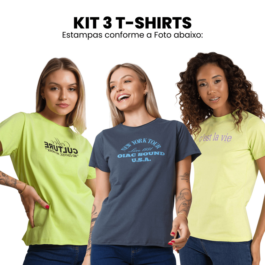 Kit 3 Camisetas Femininas Baby Look Algodão Premium KIT002-C4