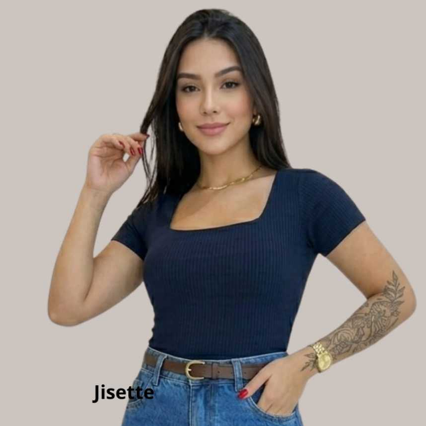 Blusa Feminina Canelada Manga Curta Decote Quadrado Tecido Premium Look Casual Elegante Trabalho