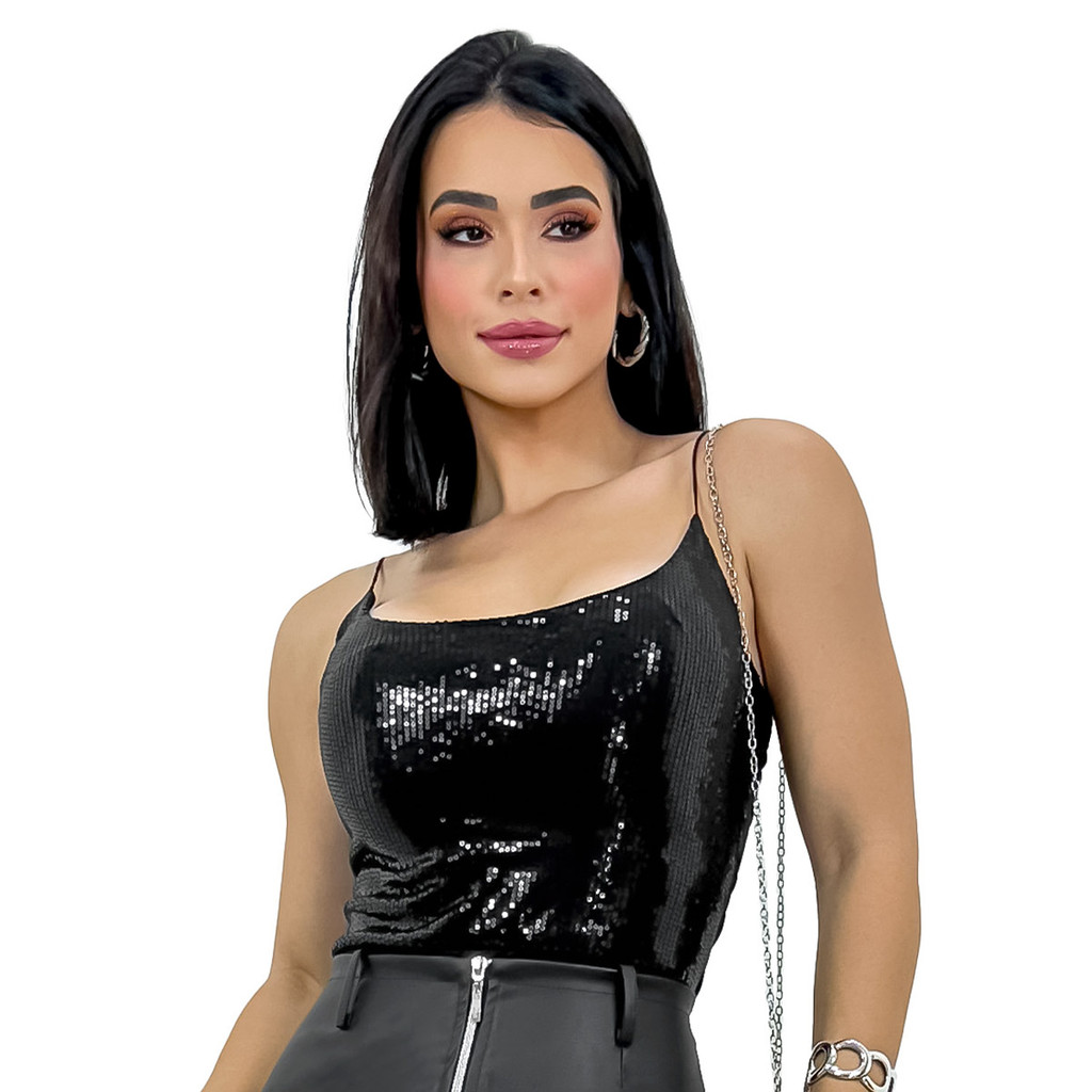 Body Blusa Alcinha Bojo Suplex Paetê Premium Brilho Festa Balada Bloquinho 2026 Look Elegante