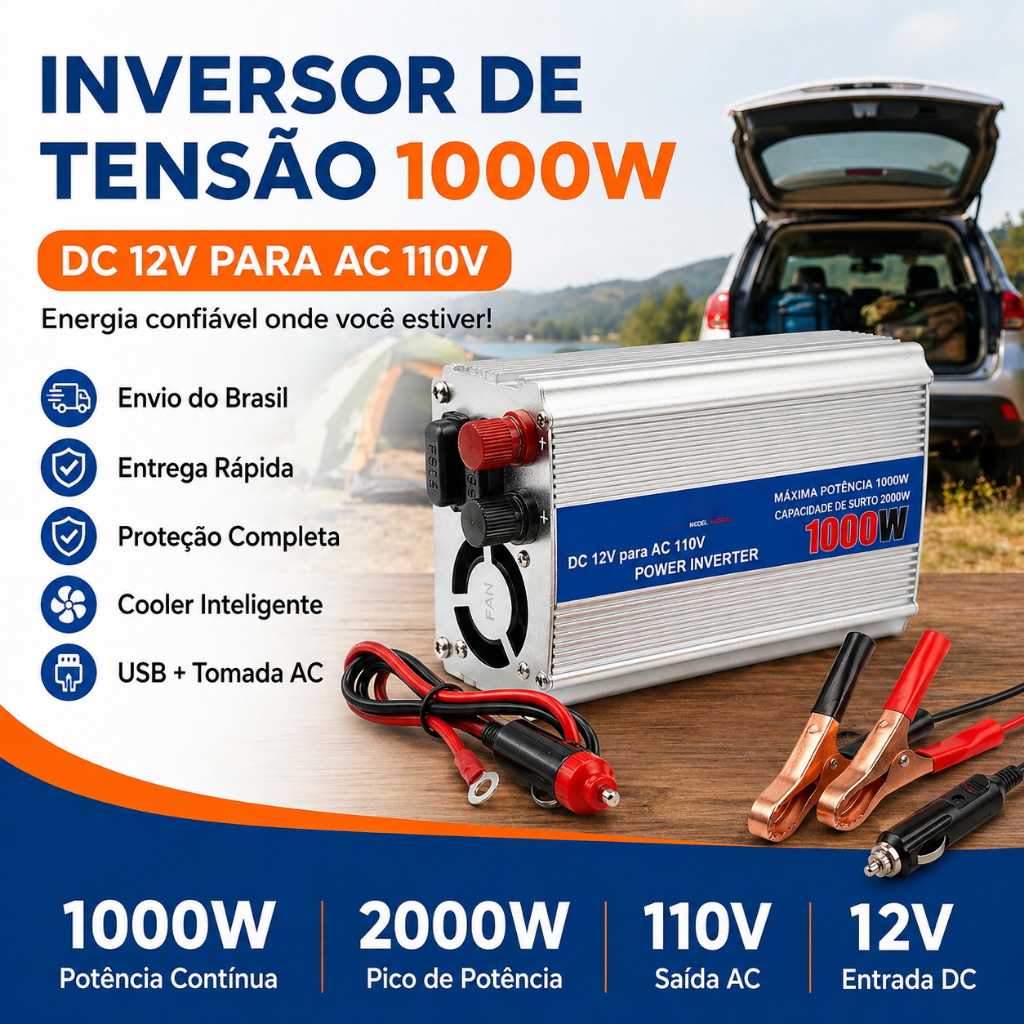 Inversor Tensão Automotivo 1000W DC 12V Para AC 110V Conversor Lb521 Transformador 60Hz Alimentação