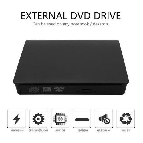 Gravador De Dvd 2.5  Externo Slim Usb 3.0 Preto