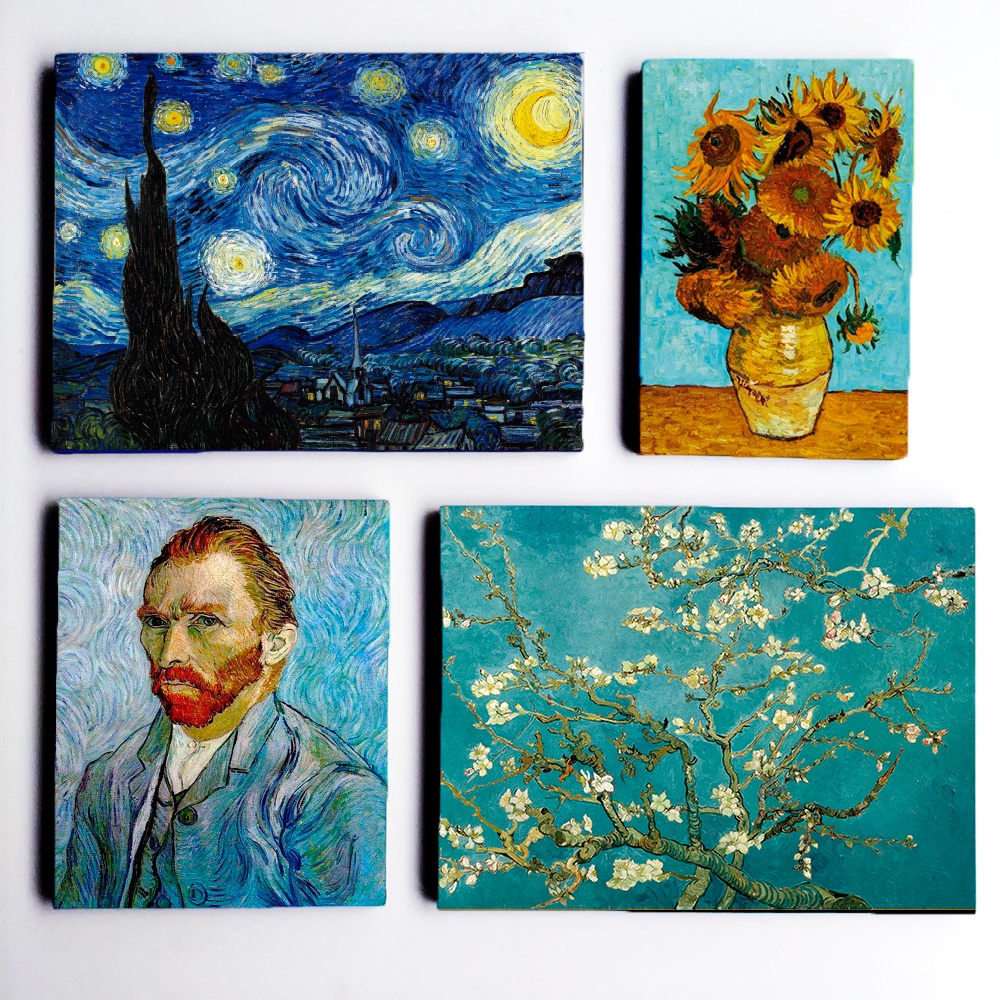 kit quadros Van Gogh Noite estrelada, amendoeira, 12girassoi em uma jarra e auto retrato