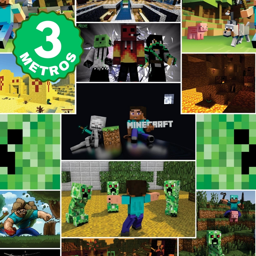 Papel de Parede Adesivo Auto Colante Minecraft Gamer Infantil Colorido Lavável 3 Metros