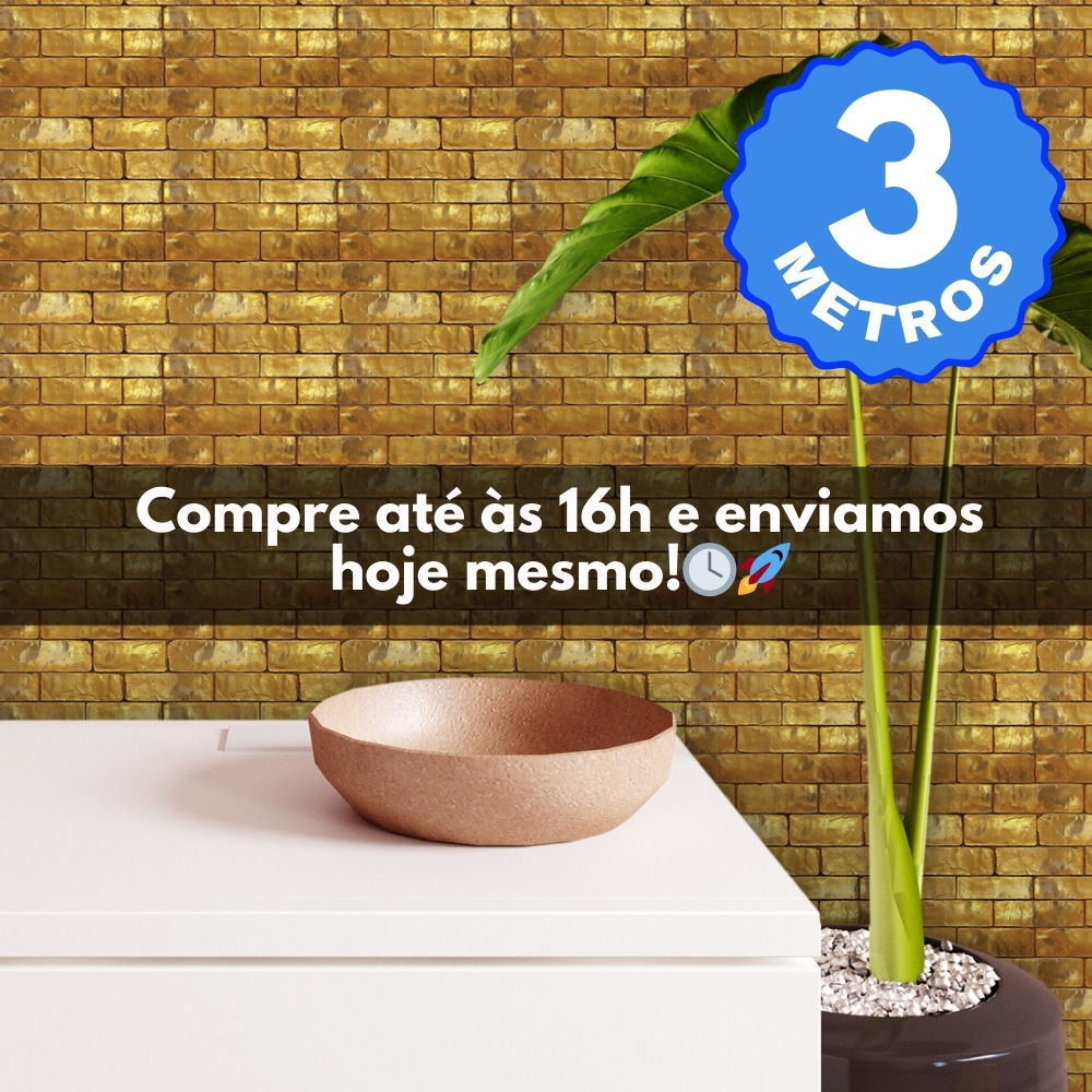Papel de Parede Adesivo Auto Colante Lavável Tijolinho Ouro Dourado Gold Rolo de 3 Metro x 40 CM