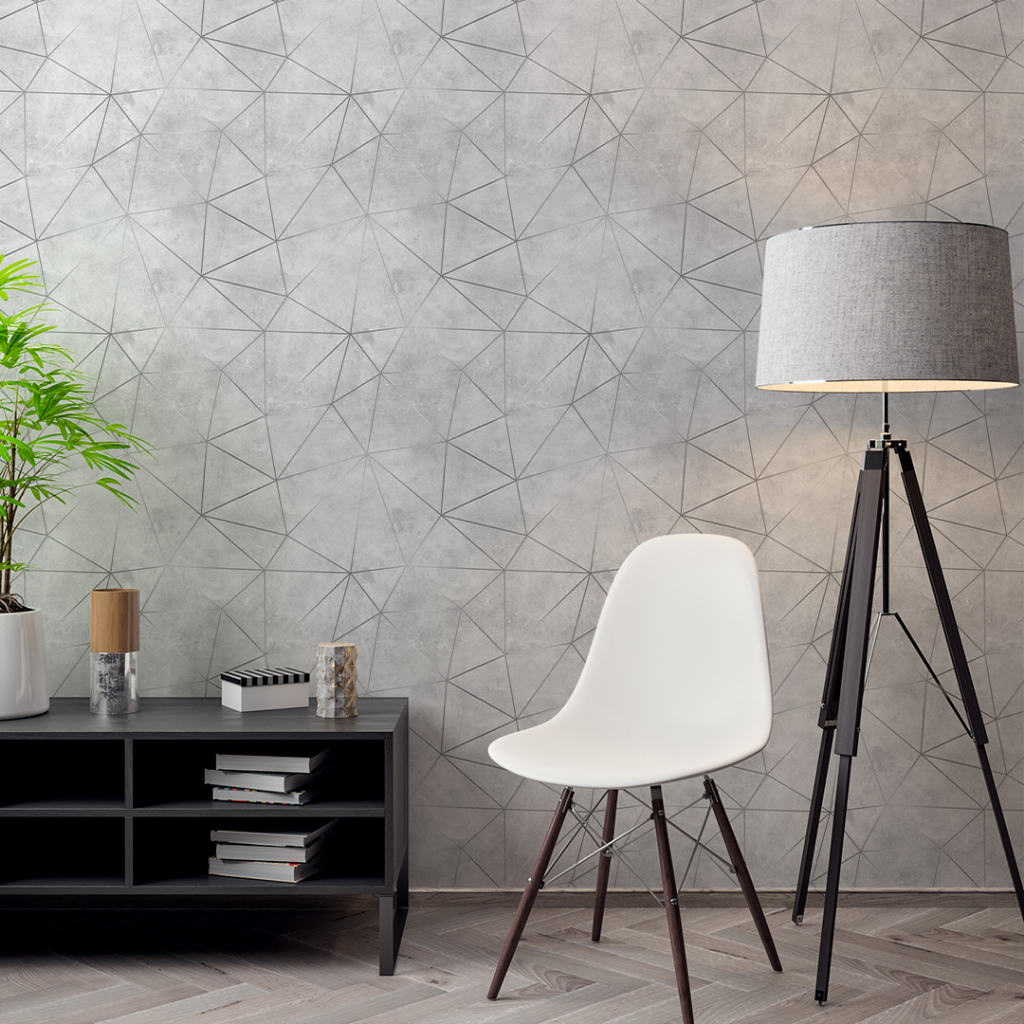 Papel de Parede Auto Adesivo Zara Textura de Cimento com Linhas Prata 3D Lavável - Pro Decor