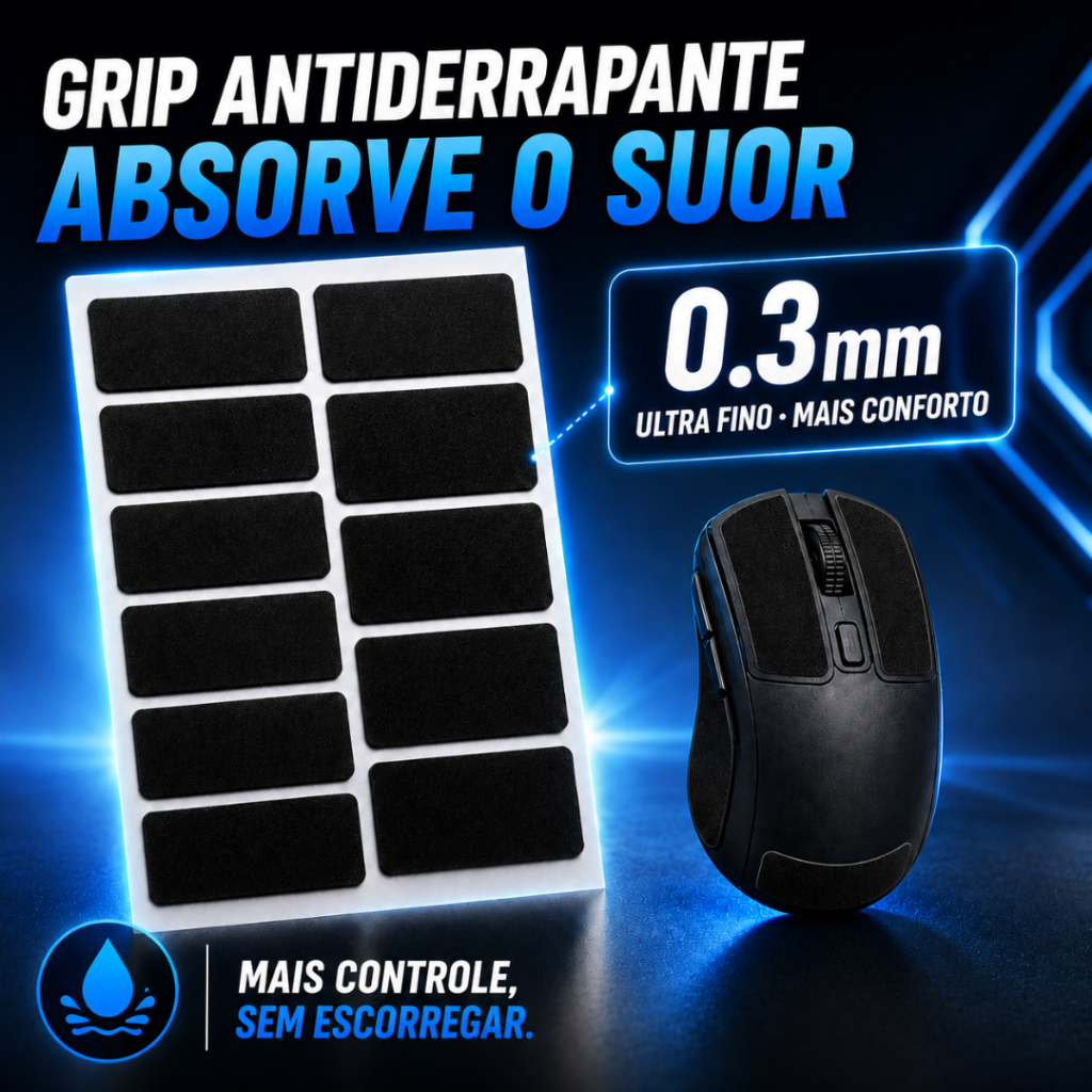 Kit 5 Grip Antiderrapante para Mouse 0,3 mm PU Absorve Suor Recortável Gamer Kit 12 Peças