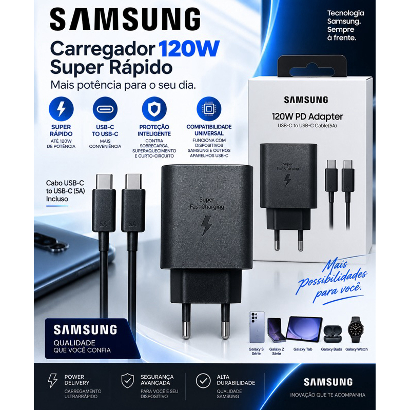 {ORIGINAL} Carregador Samsung 120W TURBO Tipo-C Super Rápido| Para Samsung, Xiaomi, Motorola, iPhone