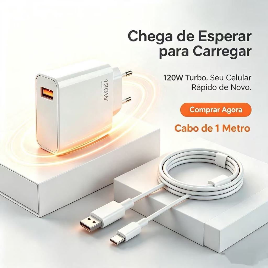 Carregador Turbo 120W Kit Completo Cabo Tipo C 1M Compatível Realme Super Dart Proteção Inteligente Bivolt 100-240V